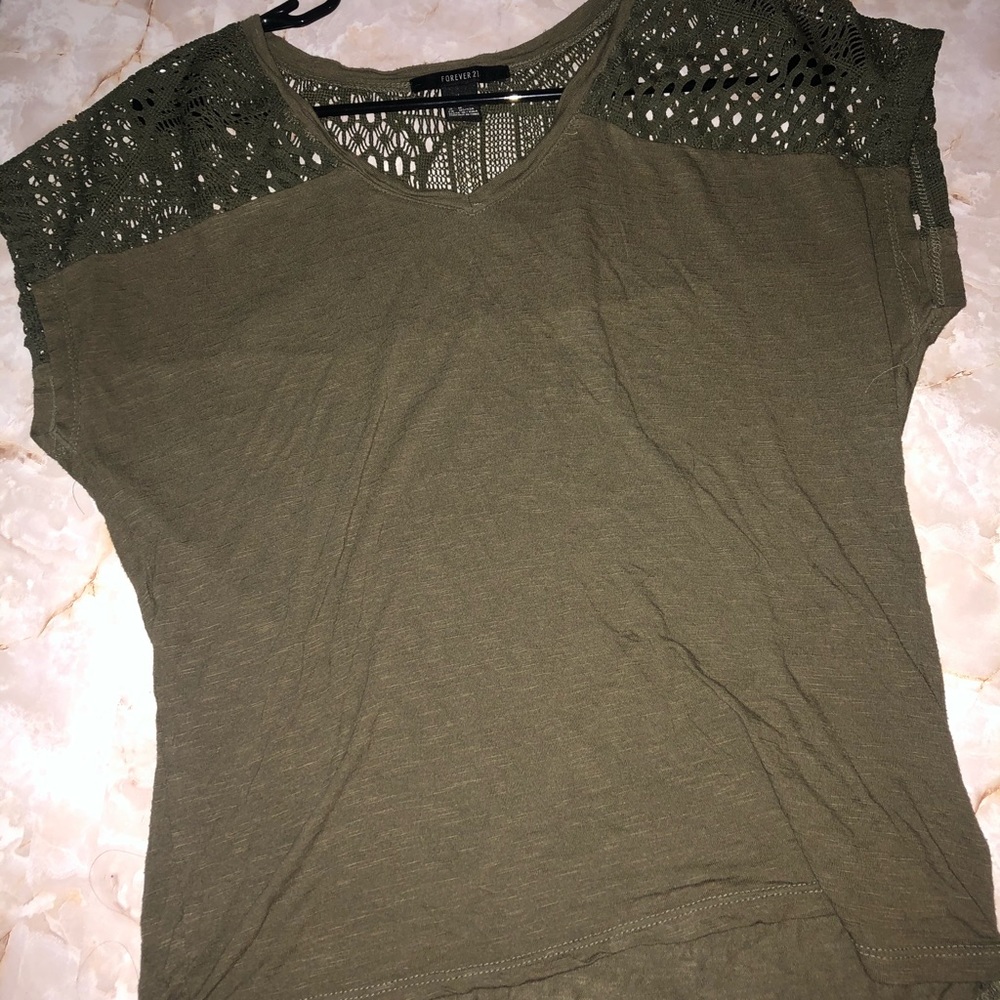 Olive Green V Neck with Lace Shoulders